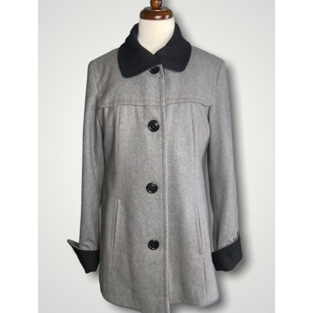 Gray Wool Like Peacoat Winter Coat Black Accents Pockets Lined XS/Small